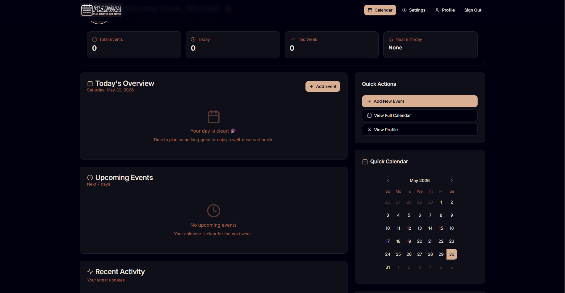 Planora, Calendar Dashboard